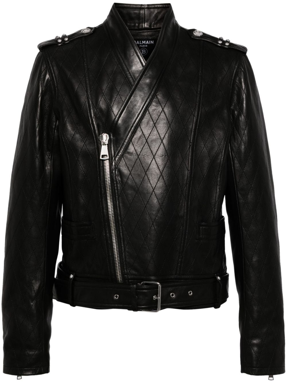 Shop Balmain Belted Lambskin Jacket In Black