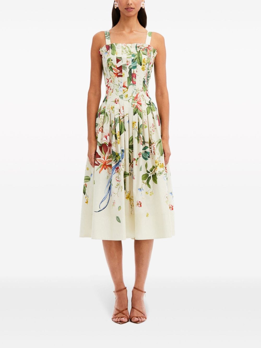 Oscar de la Renta Flora & Fauna midi-jurk met bloemenprint Beige