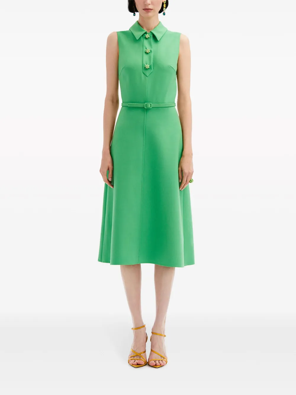 Shop Oscar De La Renta Cactus Button-detail Belted Midi Dress In Green