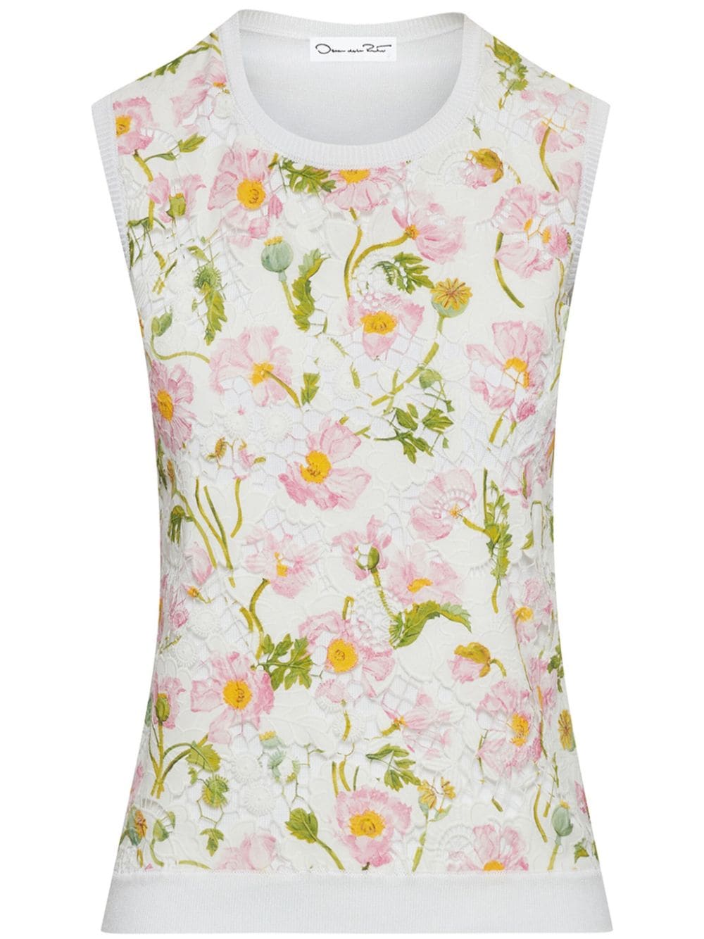 floral-embroidered round-neck tank top