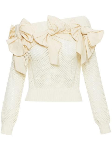 Oscar de la Renta bow-embellished pointelle-knit jumper