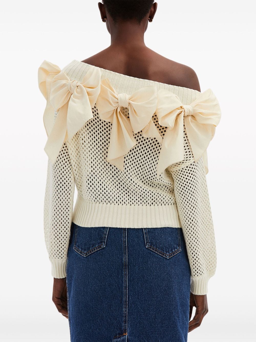 Shop Oscar De La Renta Bow-embellished Pointelle-knit Jumper In White