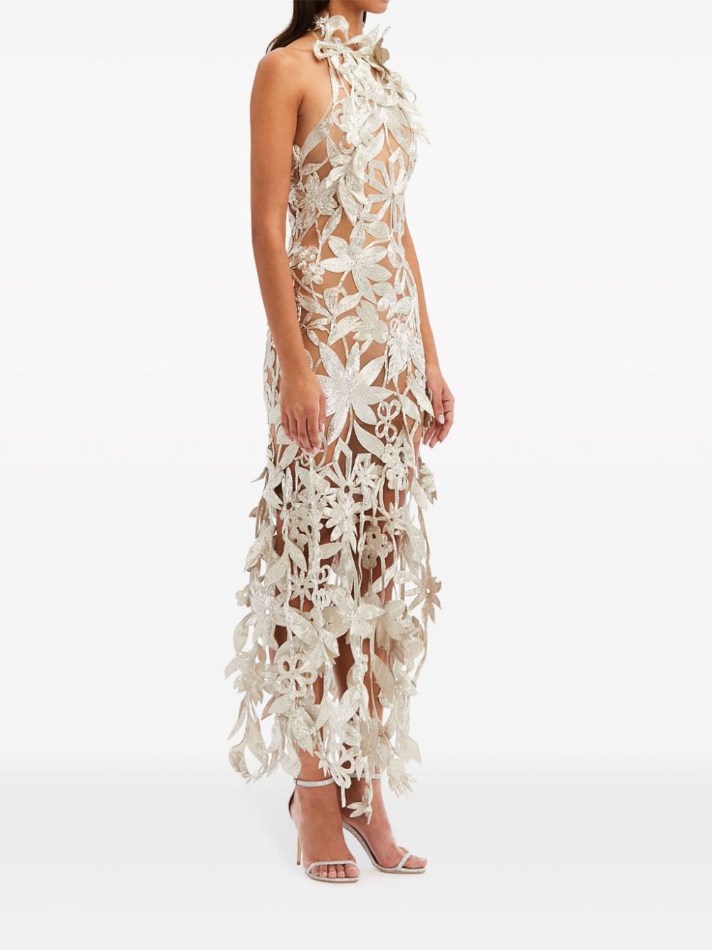 Shop Oscar De La Renta Floral Bead-embellished Halterneck Gown In Neutrals