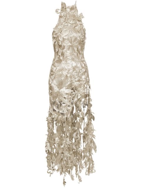 Oscar de la Renta floral bead-embellished halterneck gown