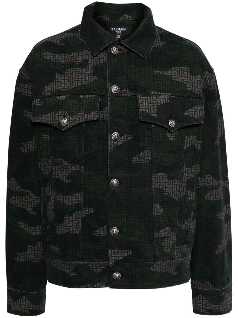 Balmain Khaki Print Denim Jacket Groen