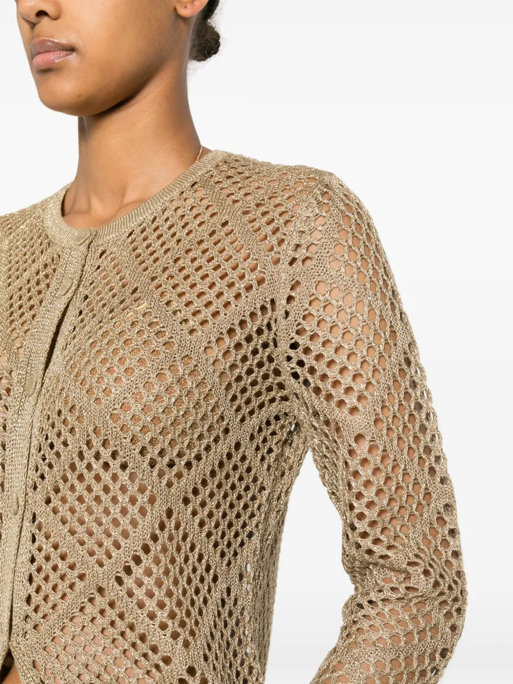 Shop Twinset Diamond-pattern Open-knit Cardigan In Gold