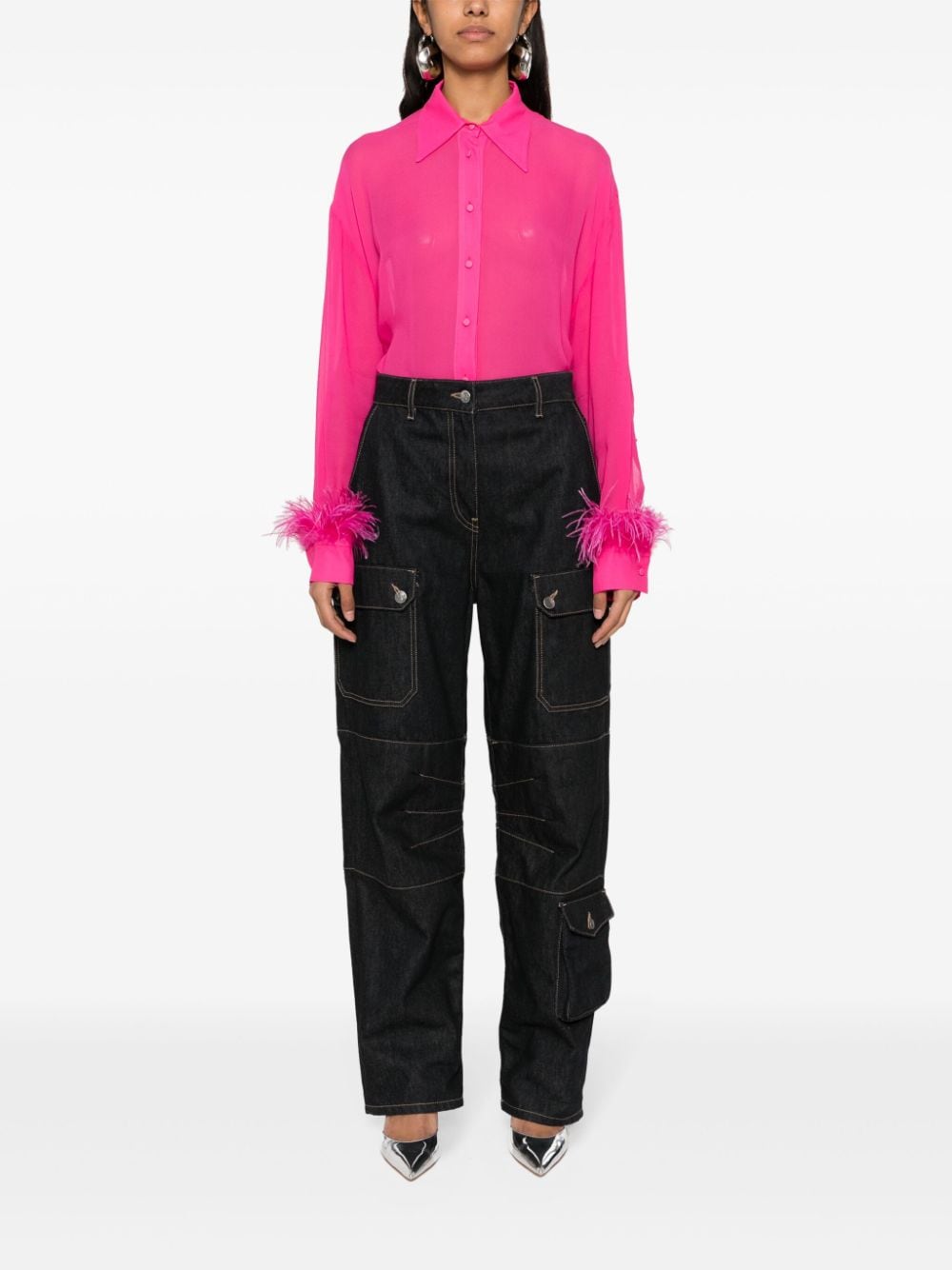 Shop Pinko Feather-trim Georgette Shirt In Pink