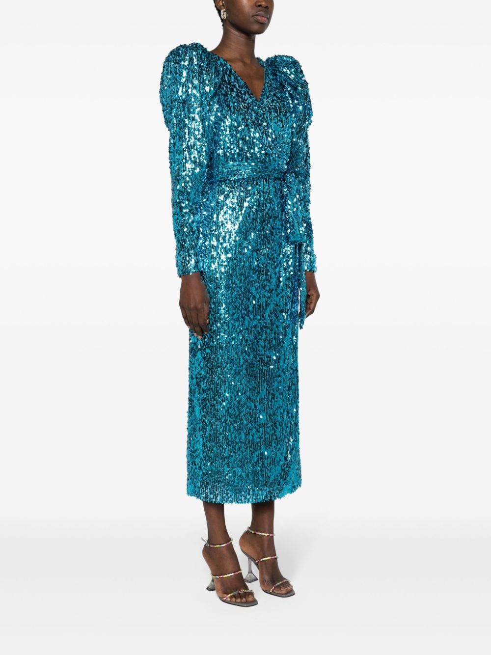 Shop Rotate Birger Christensen Sequinned Wrap Maxi Dress In Blue