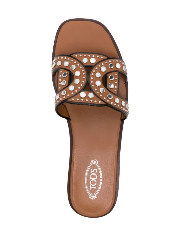 【関税込み】TOD'S Kate leather slide sandals with studs Tod's Kate Studded Slide Sandals Brown Leather Size 36.5 NEW