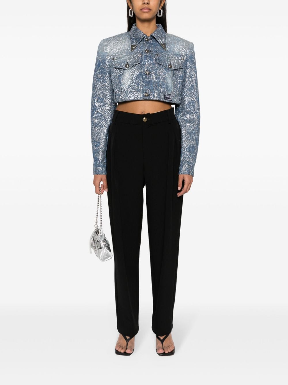 Shop Versace Jeans Couture Animalier Cropped Denim Jacket In Blue