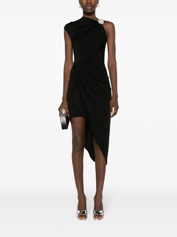 satin draped midi dress Navy Satin Draped Midi Dress With Front Knot And Slit  VOS LEE