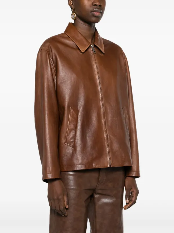 Prada triangle-logo Leather Jacket | Brown | FARFETCH BE