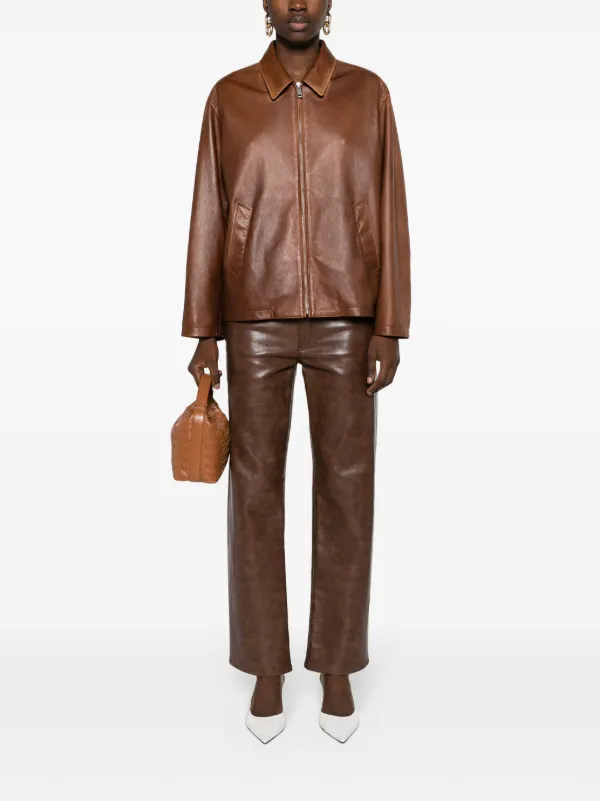 Prada triangle-logo Leather Jacket | Brown | FARFETCH BE