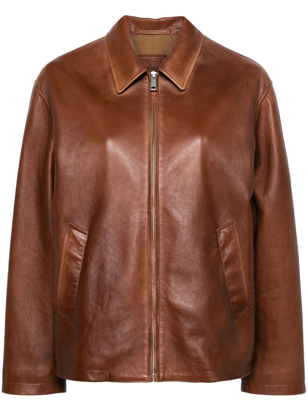 Shop Prada Triangle-logo Leather Jacket In Brown