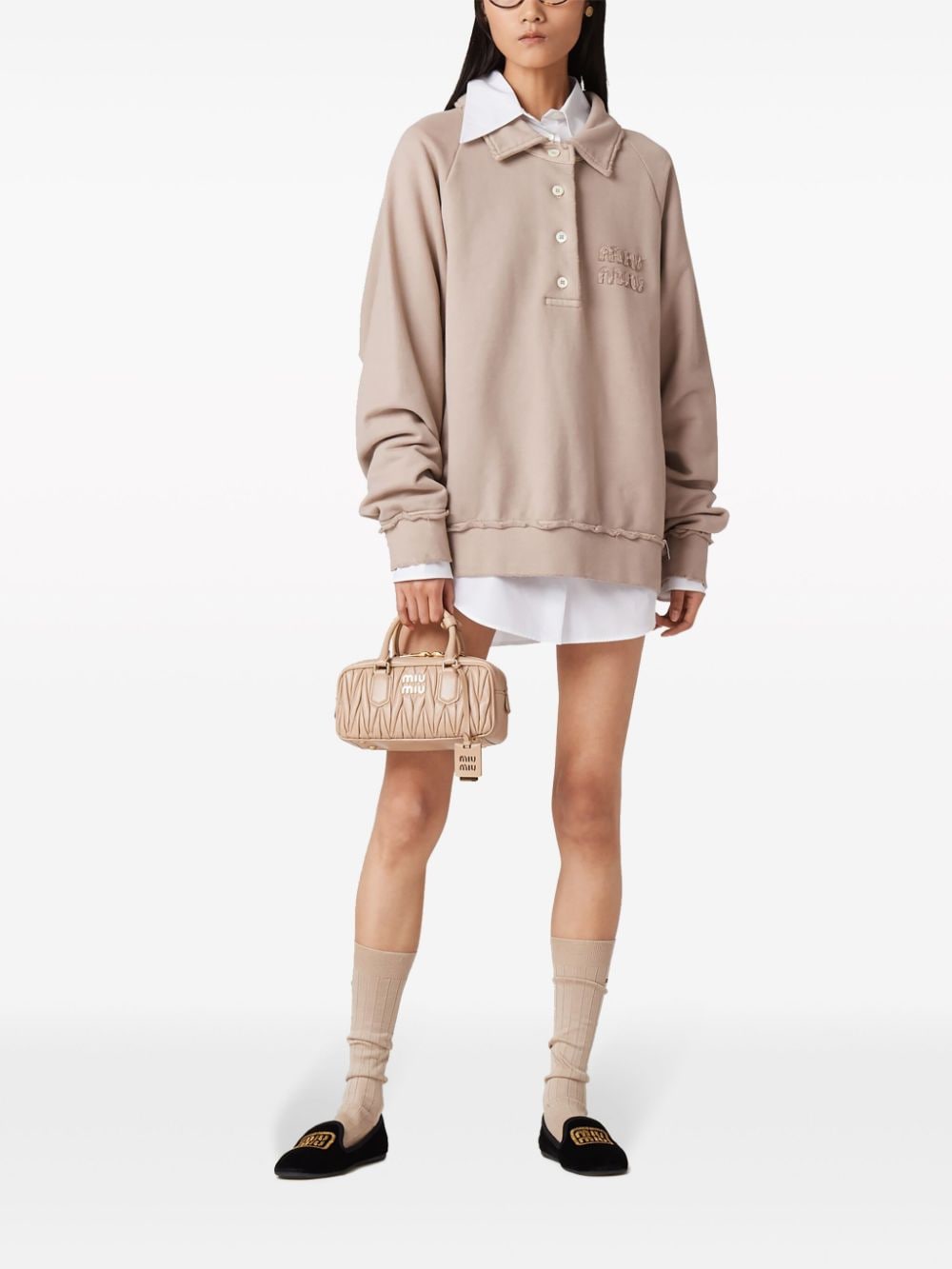 Shop Miu Miu Logo-appliqué Longsleeved Polo Shirt In Neutrals