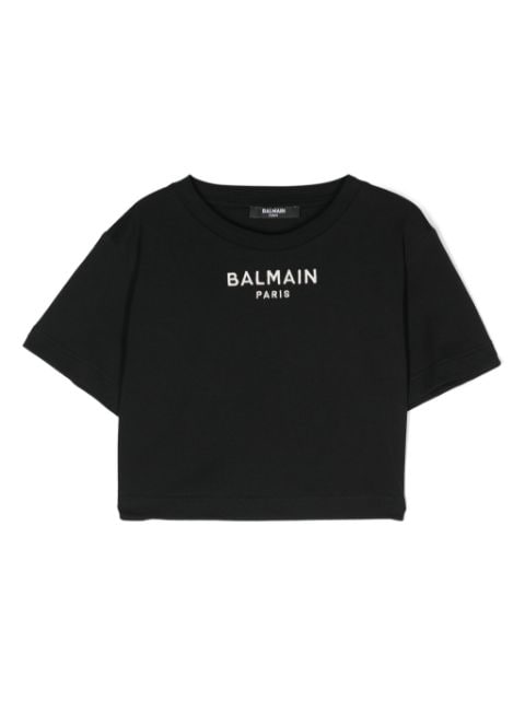 Balmain Kids logo-embroidery cropped T-shirt