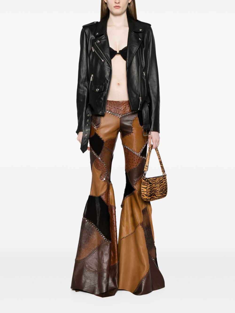 Shop Roberto Cavalli Patchwork Flared Leather Trousers In Brown
