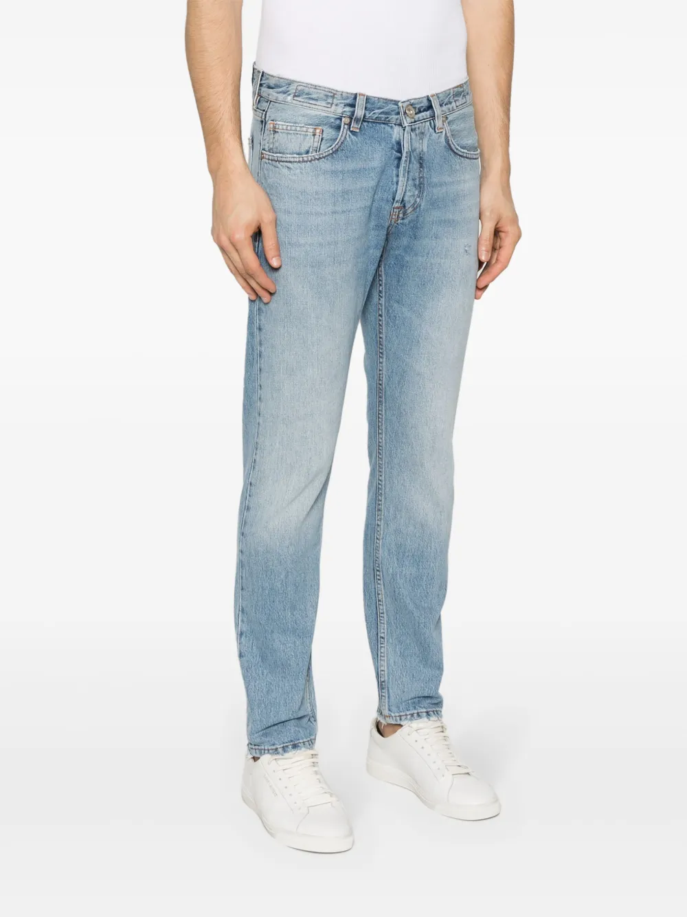 Shop Eleventy Distressed Tapered-leg Jeans In Blue