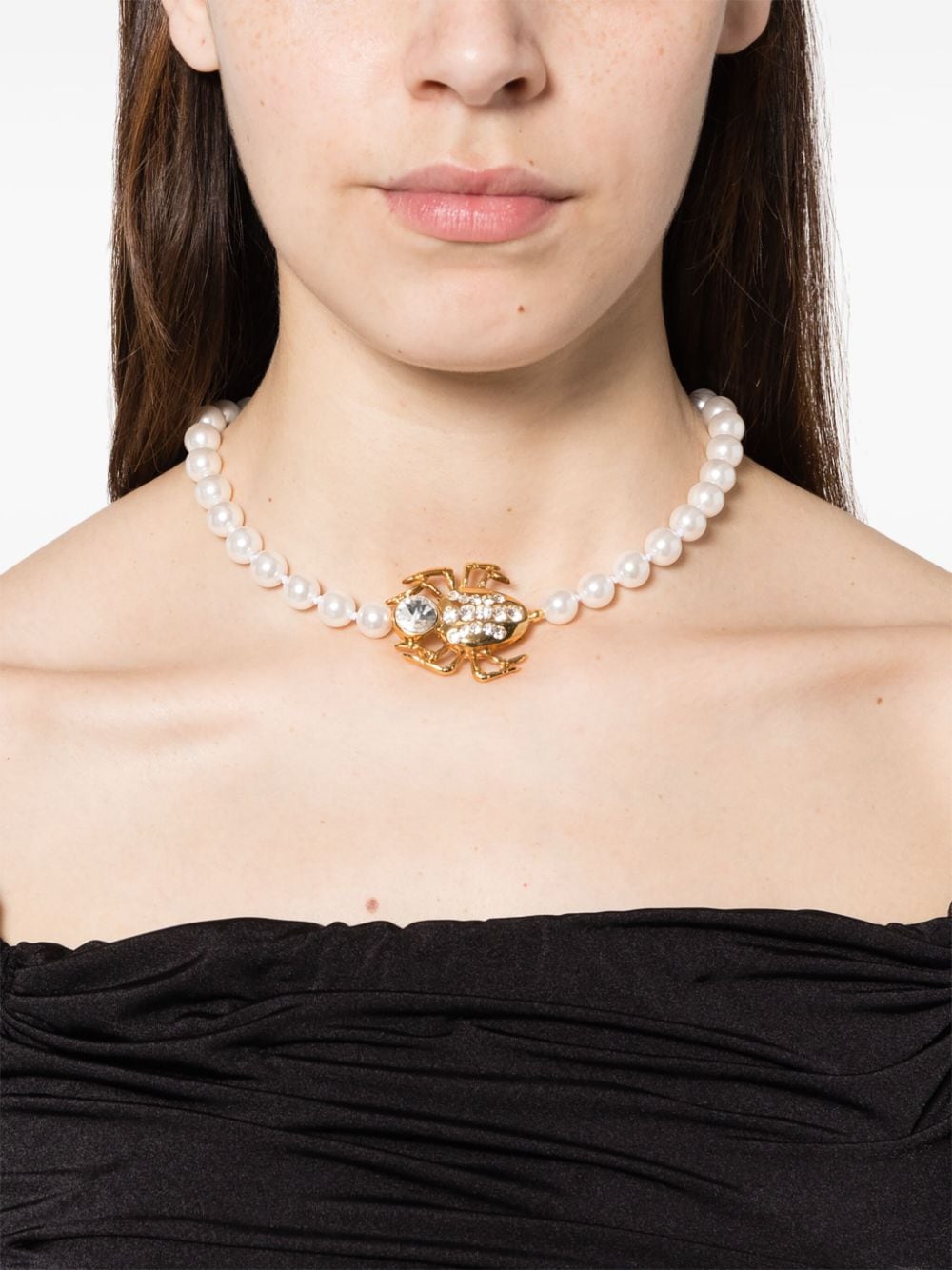 Shop Alessandra Rich Beetle-charm Faux-pearl Necklace In Nude