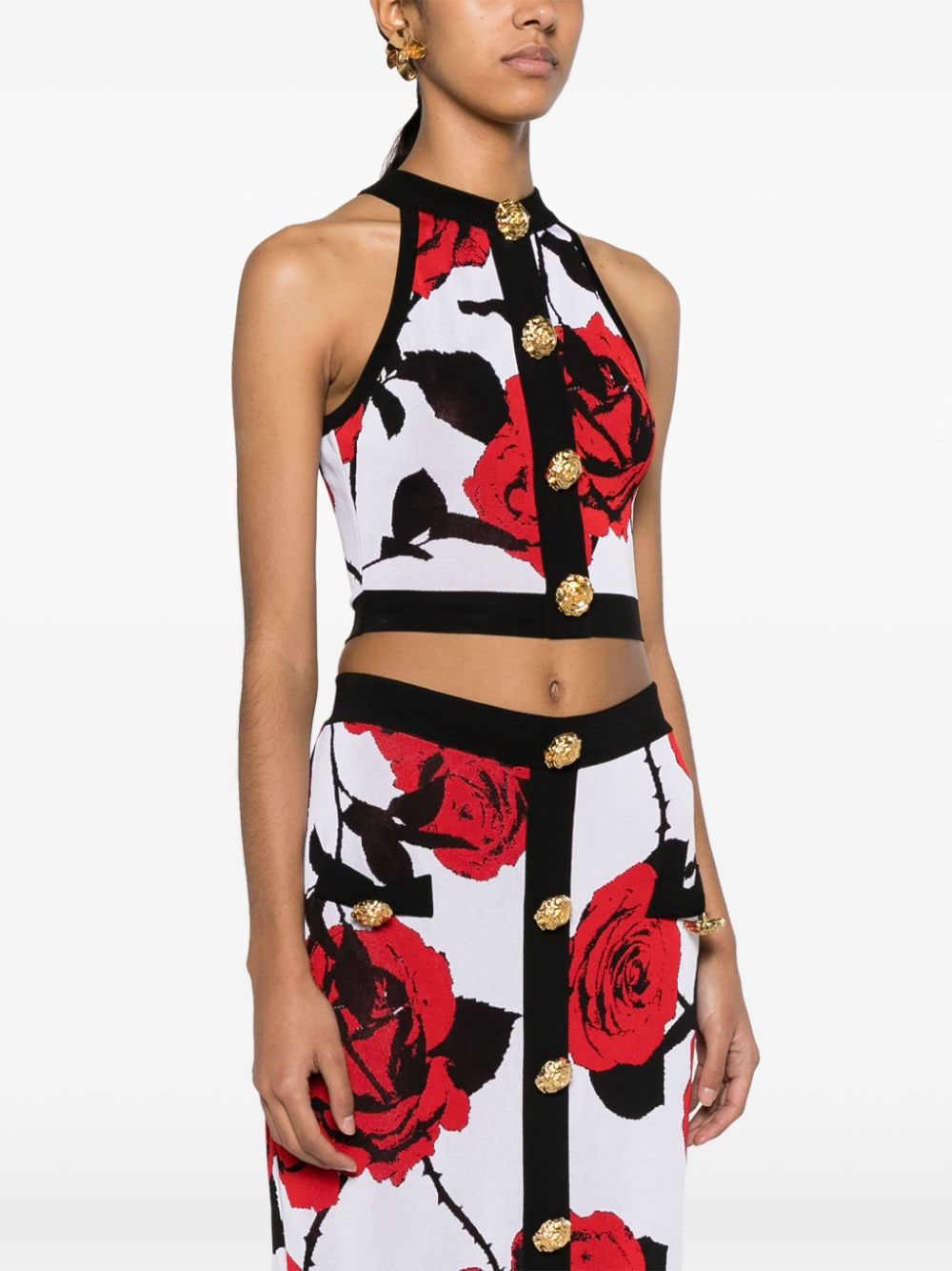 Shop Balmain Rose-jacquard Crop Top In Black