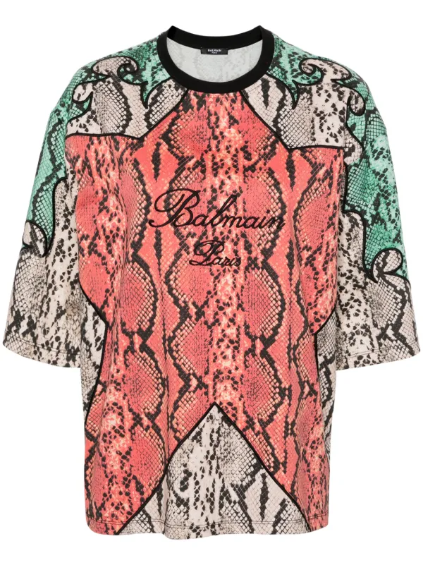 Balmain Python-print Organic Cotton T-shirt Red FARFETCH IN