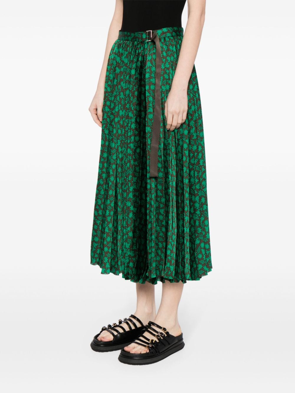 Shop Sacai Floral-print Pleated Midi Skirt In Green