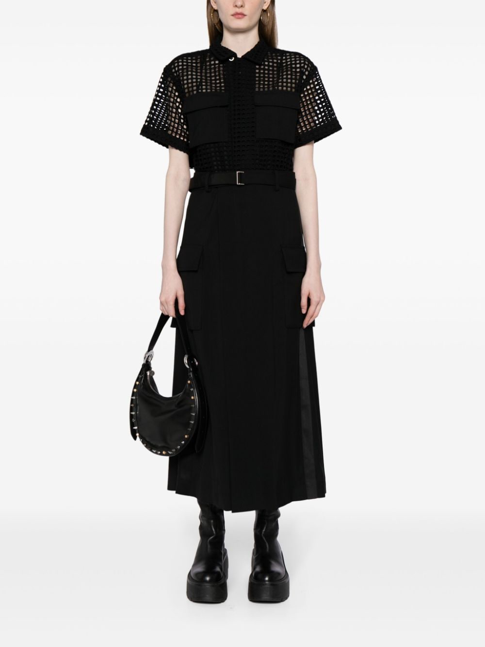 Shop Sacai Perforated-layer Midi Dress In Black