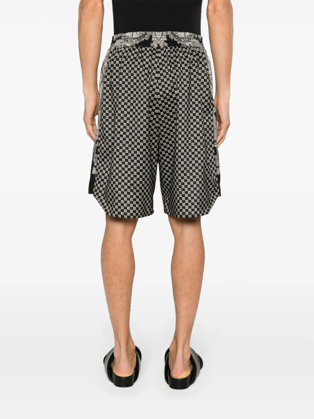 Shop Balmain Mix-print Satin Bermuda Shorts In Black