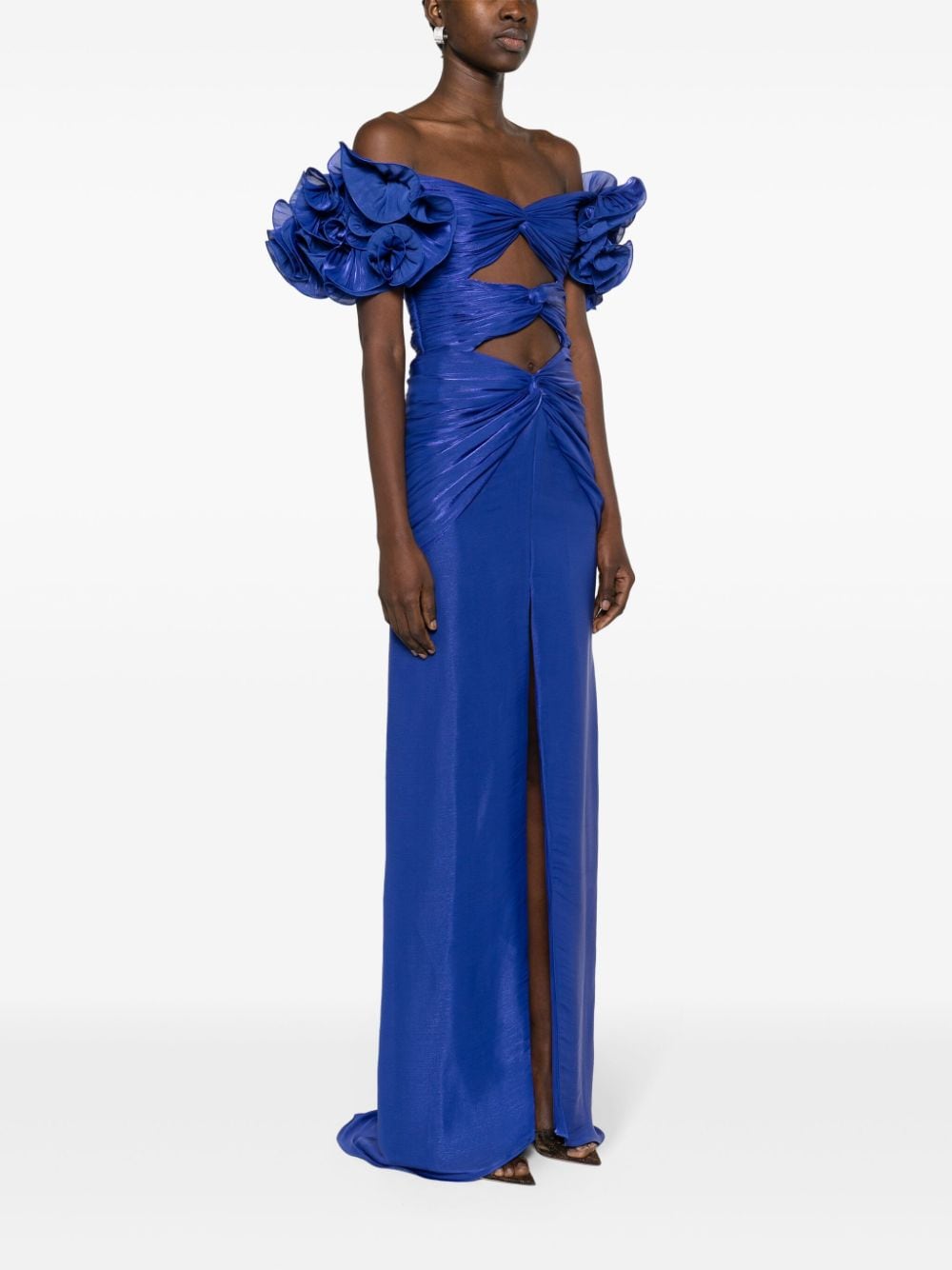 Shop Costarellos Floral-appliqué Lurex Maxi Dress In Blue
