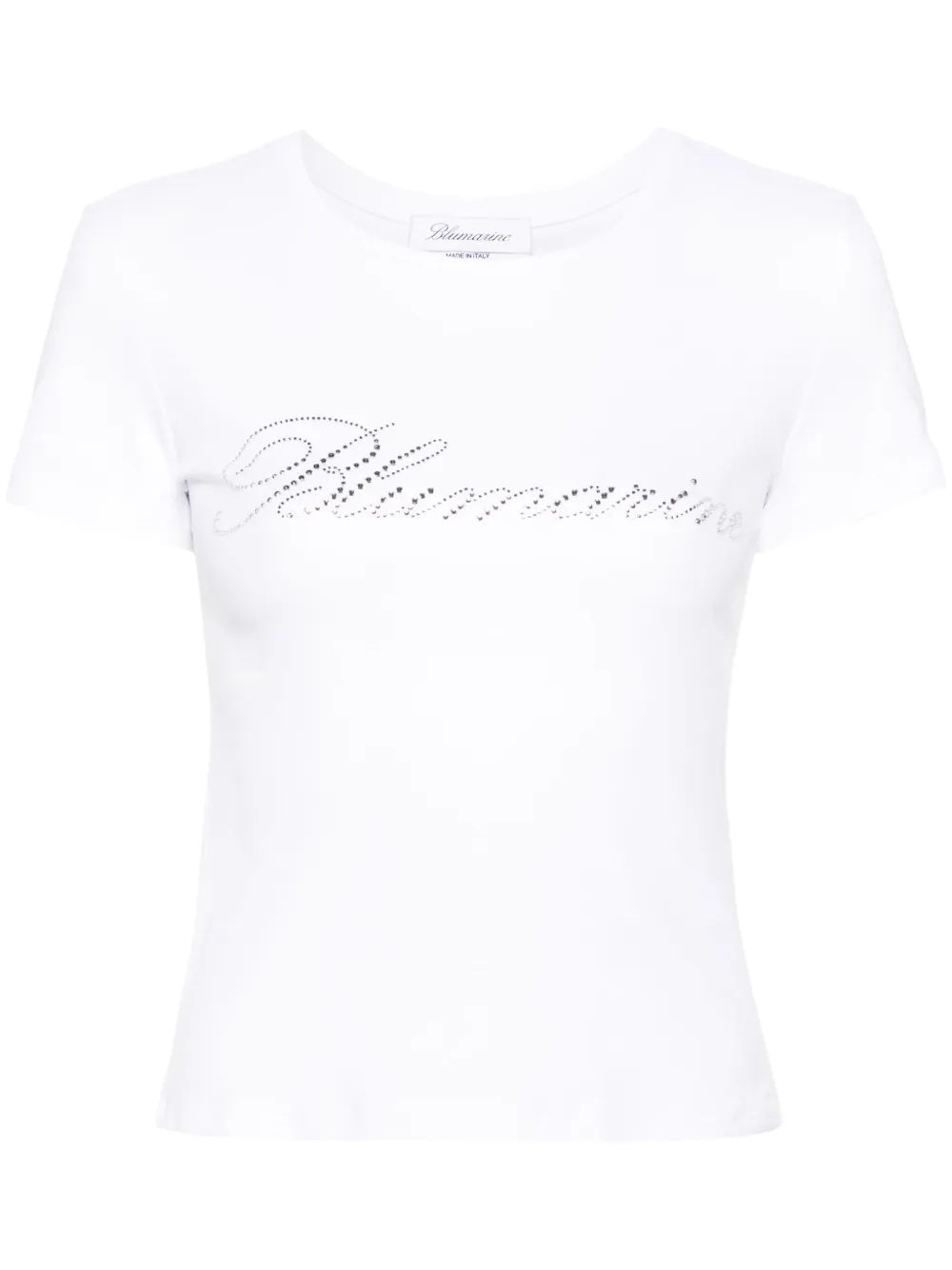 Shop Blumarine Rhinestoned-logo Cotton T-shirt In White