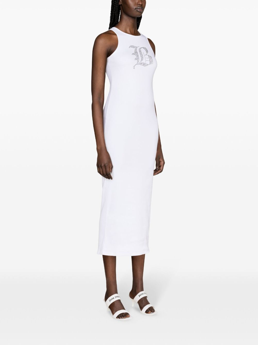 Shop Blumarine Rhinestoned Ribbed Maxi Dress In White