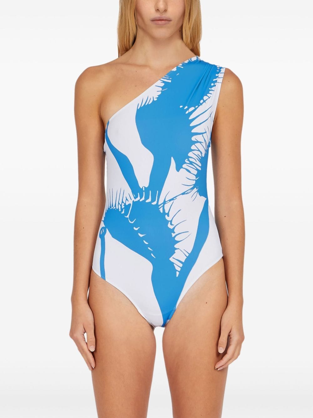 Shop Ferragamo Venus-print One-shoulder Swimsuit In White