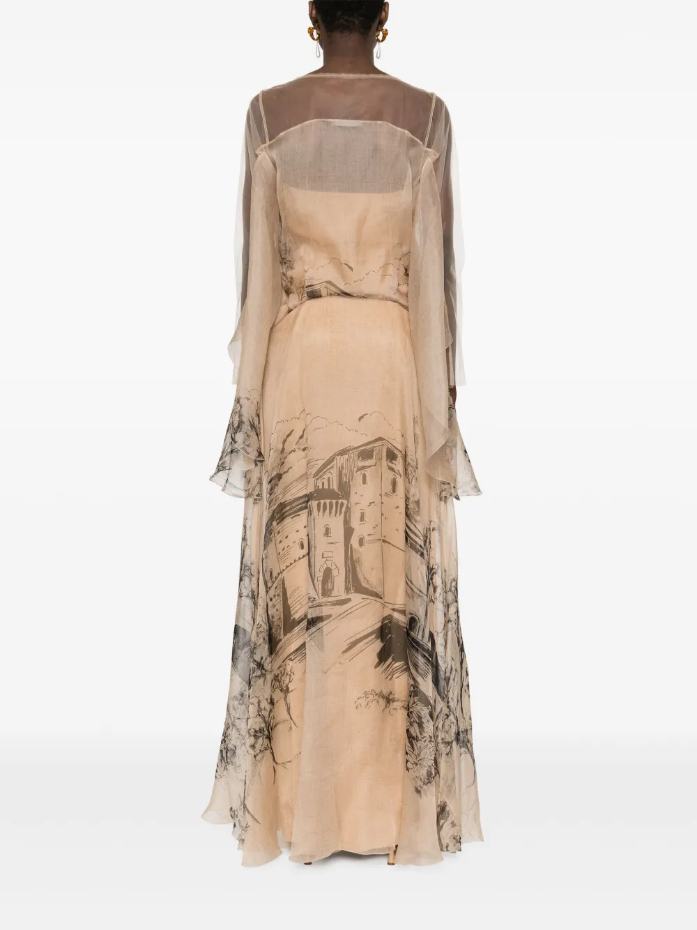 Shop Alberta Ferretti Castle-print Silk Organza Gown In Neutrals