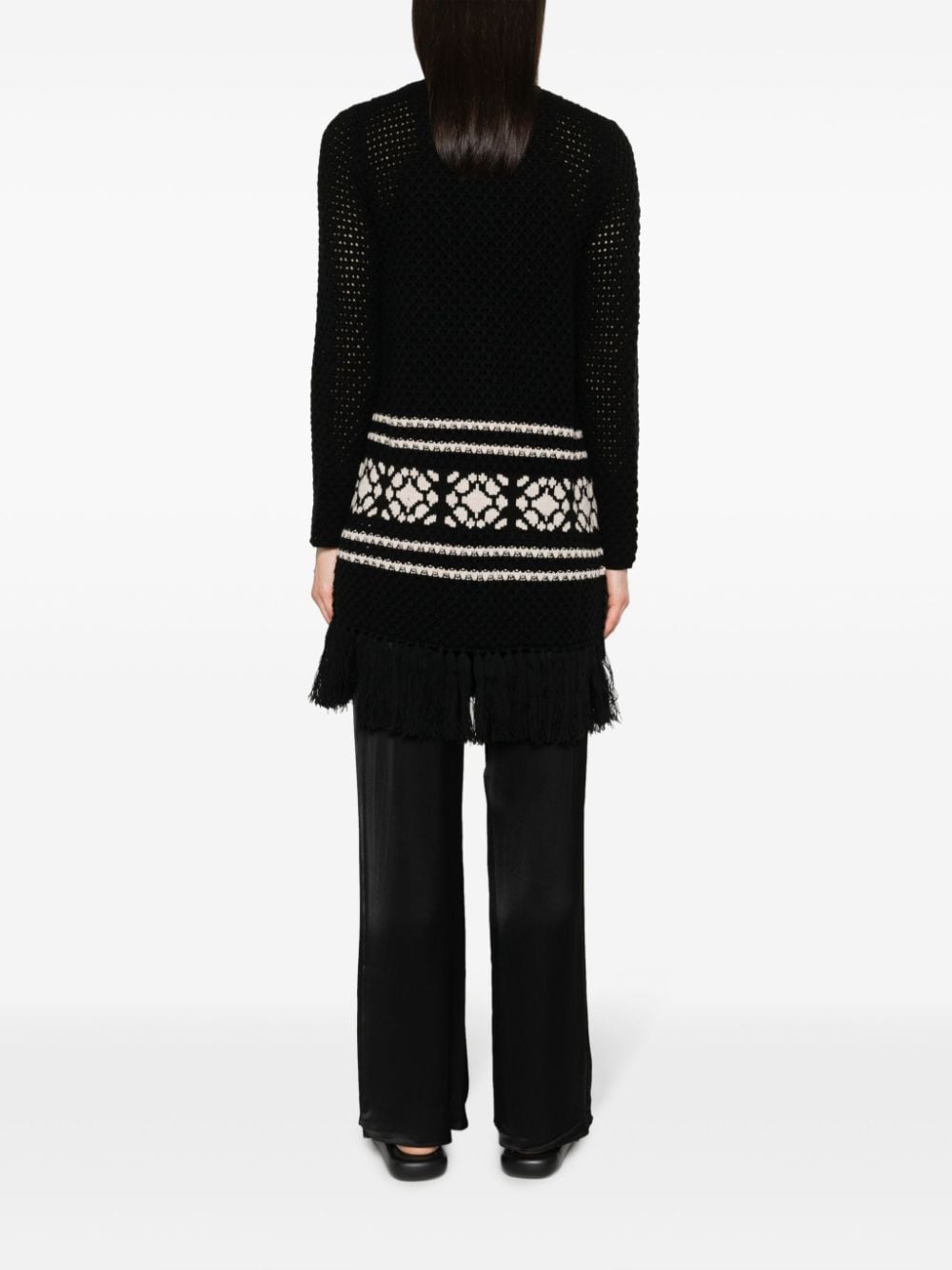Shop Max Mara Fringed Open-knit Cardigan In Black