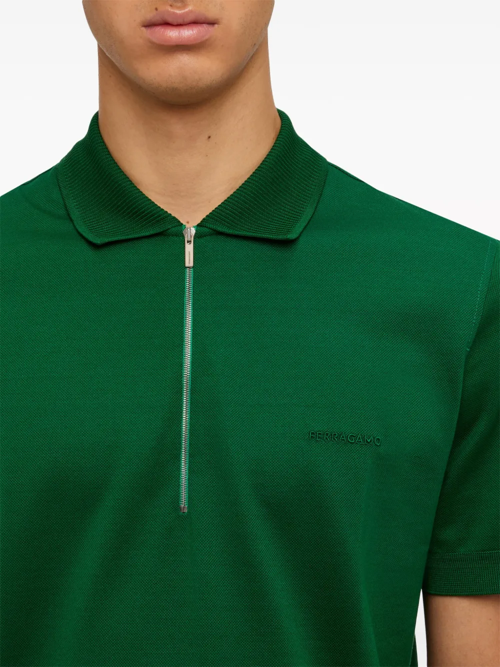 Shop Ferragamo Zip-up Cotton Polo Shirt In Green