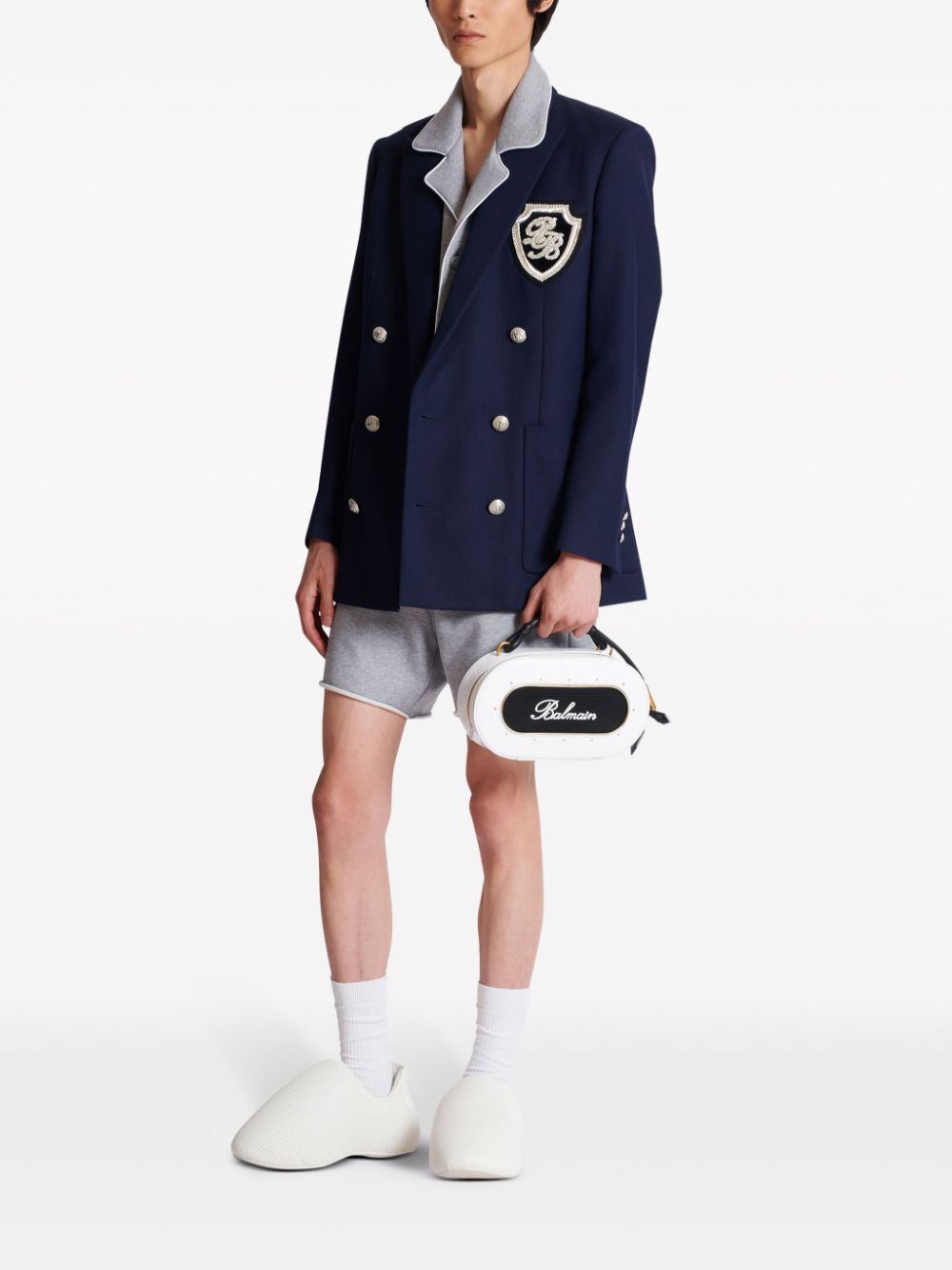 Shop Balmain Monogram-badge Virgin-wool Blazer In Blue