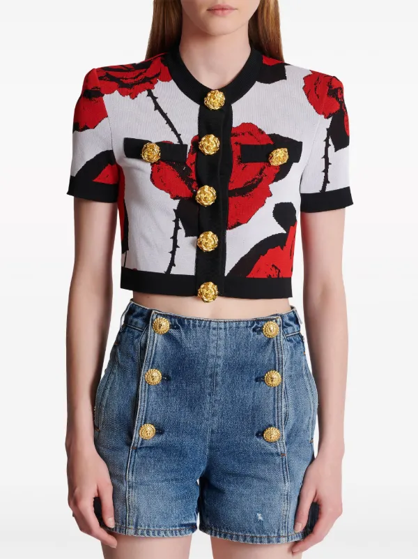 Floral Jacquard Cropped Cardigan