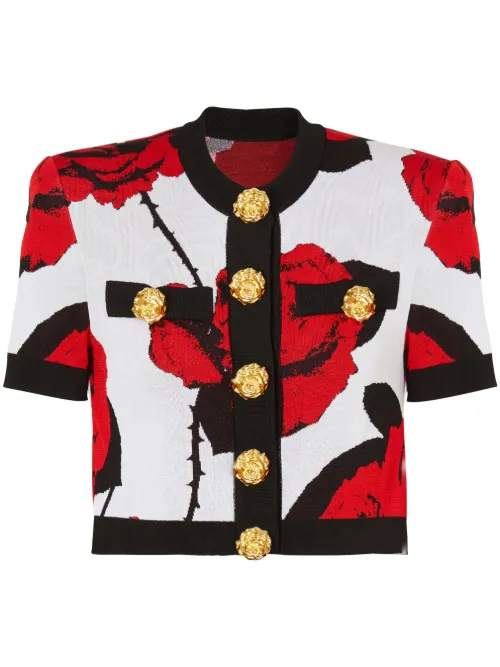 Cardigan crop à fleurs en jacquard - Balmain - Modalova