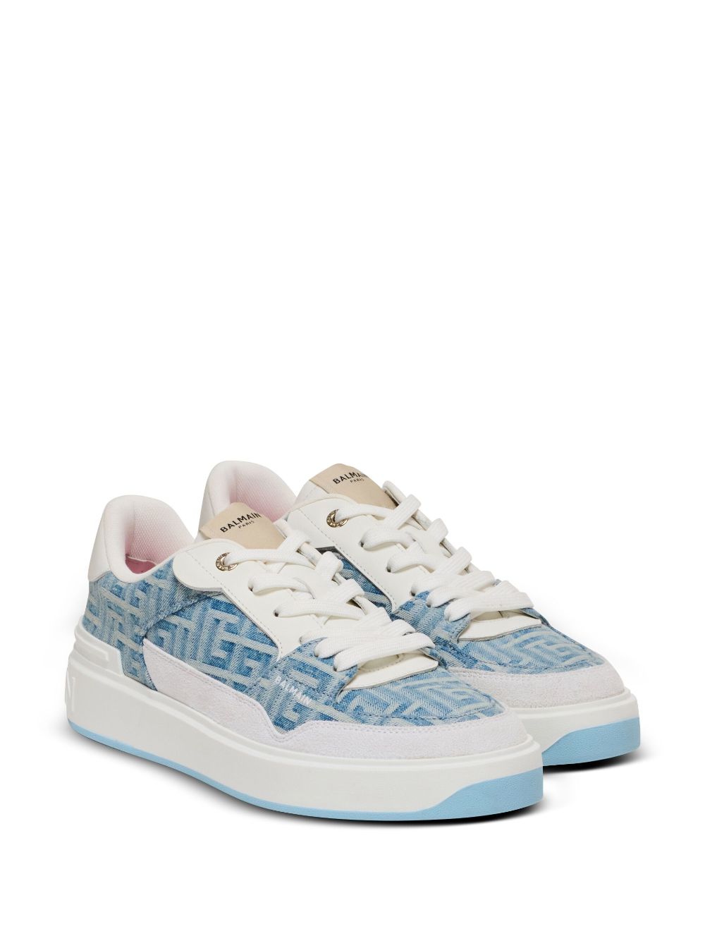 Shop Balmain B-court Denim-panelled Sneakers In White