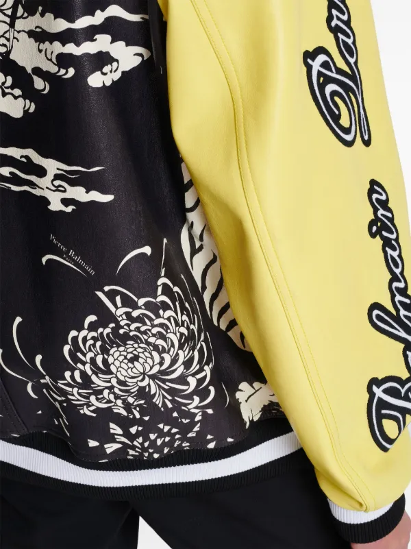 Balmain graphic-print Leather Varsity Jacket | Black | FARFETCH