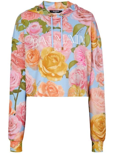 Balmain floral-print cropped hoodie