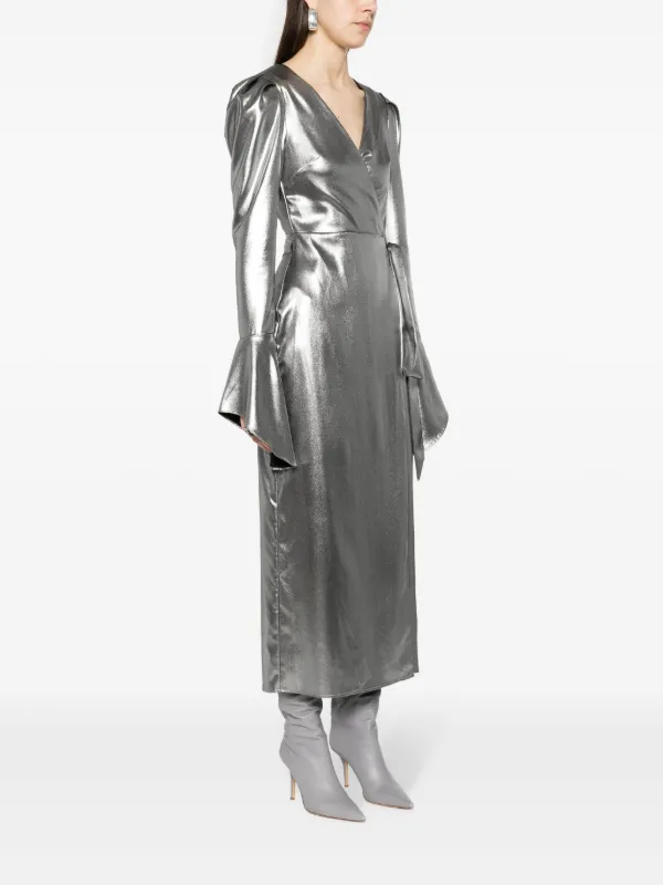 rotate birger christensen metallic dress ROTATE BIRGER CHRISTENSEN Lamé Wrap Midi Dress | Silver