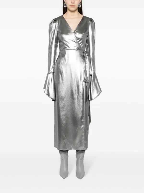rotate metallic dress ROTATE BIRGER CHRISTENSEN Lamé Wrap Midi Dress | Silver