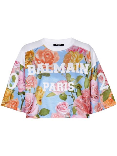 Balmain Rose-print cropped T-shirt Women