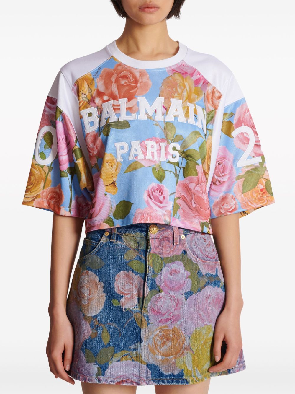 Balmain Rose-print cropped T-shirt Women