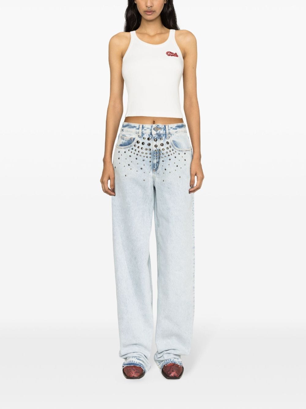 Shop Alessandra Rich Mid-rise Studded Wide-leg Jeans In Blue