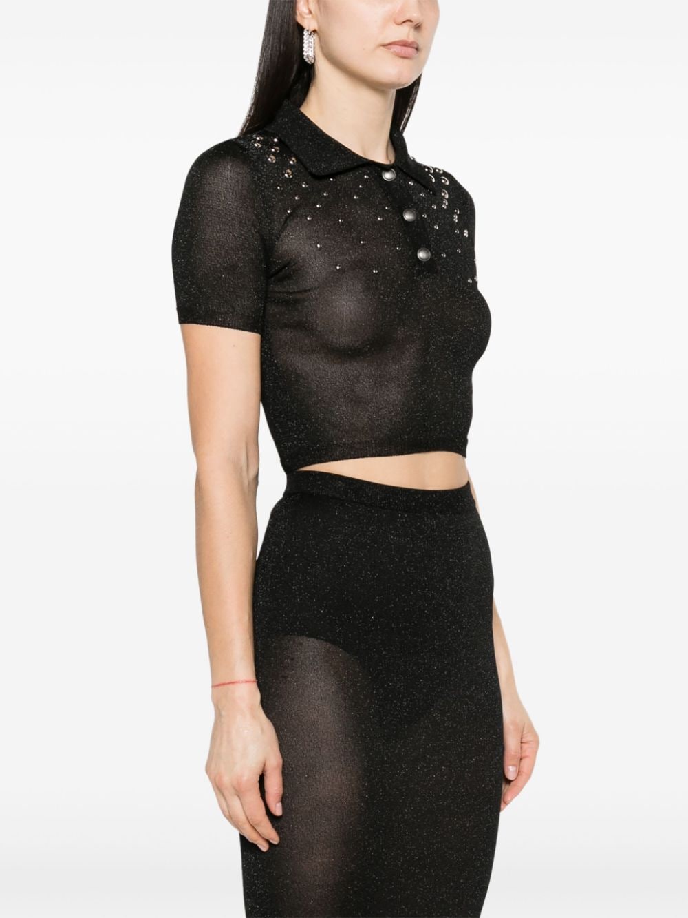 Shop Alessandra Rich Lurex Studded Polo Top In Black