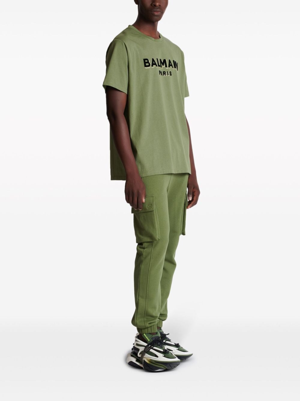 Shop Balmain Logo-flocked Cotton T-shirt In Green