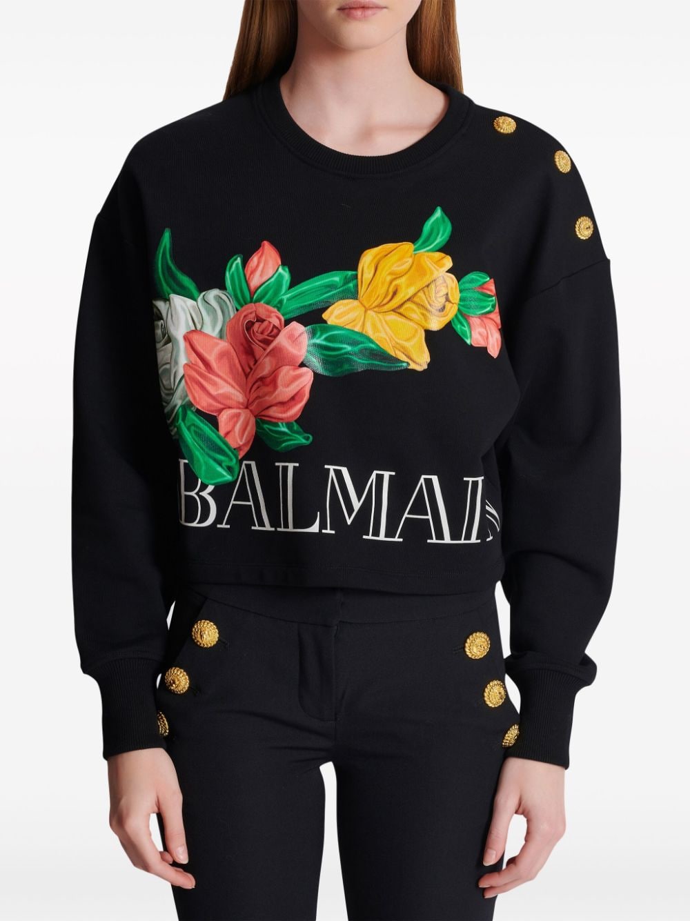 Shop Balmain Rose-print Cropped Cotton Sweatshirt In Black