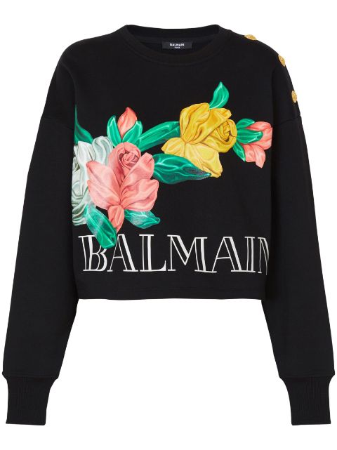 Balmain Rose-print cropped cotton sweatshirt